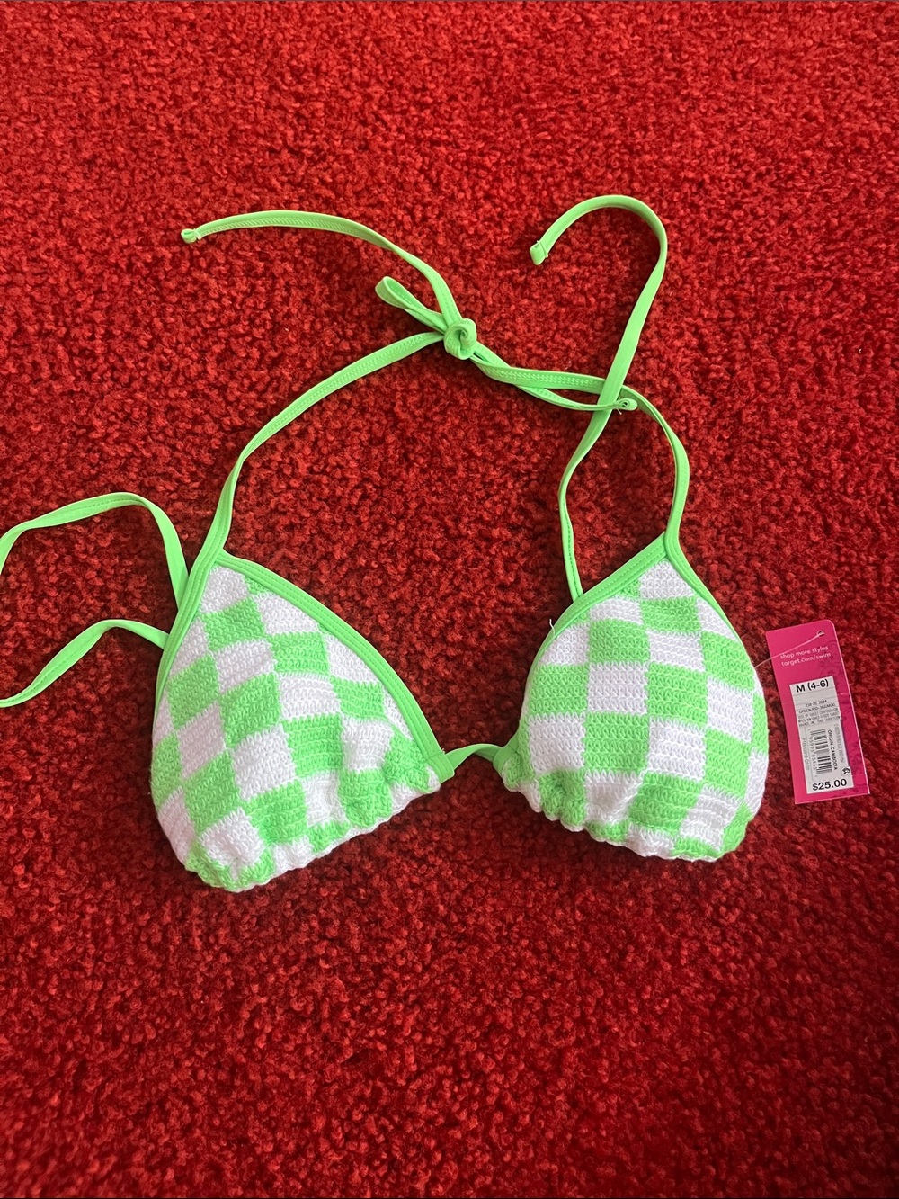 Xhilaration Green and White crochet Checkered Triangle Bikini Top